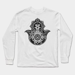 Intricately Drawn Skull Head Hamsa Hand Long Sleeve T-Shirt